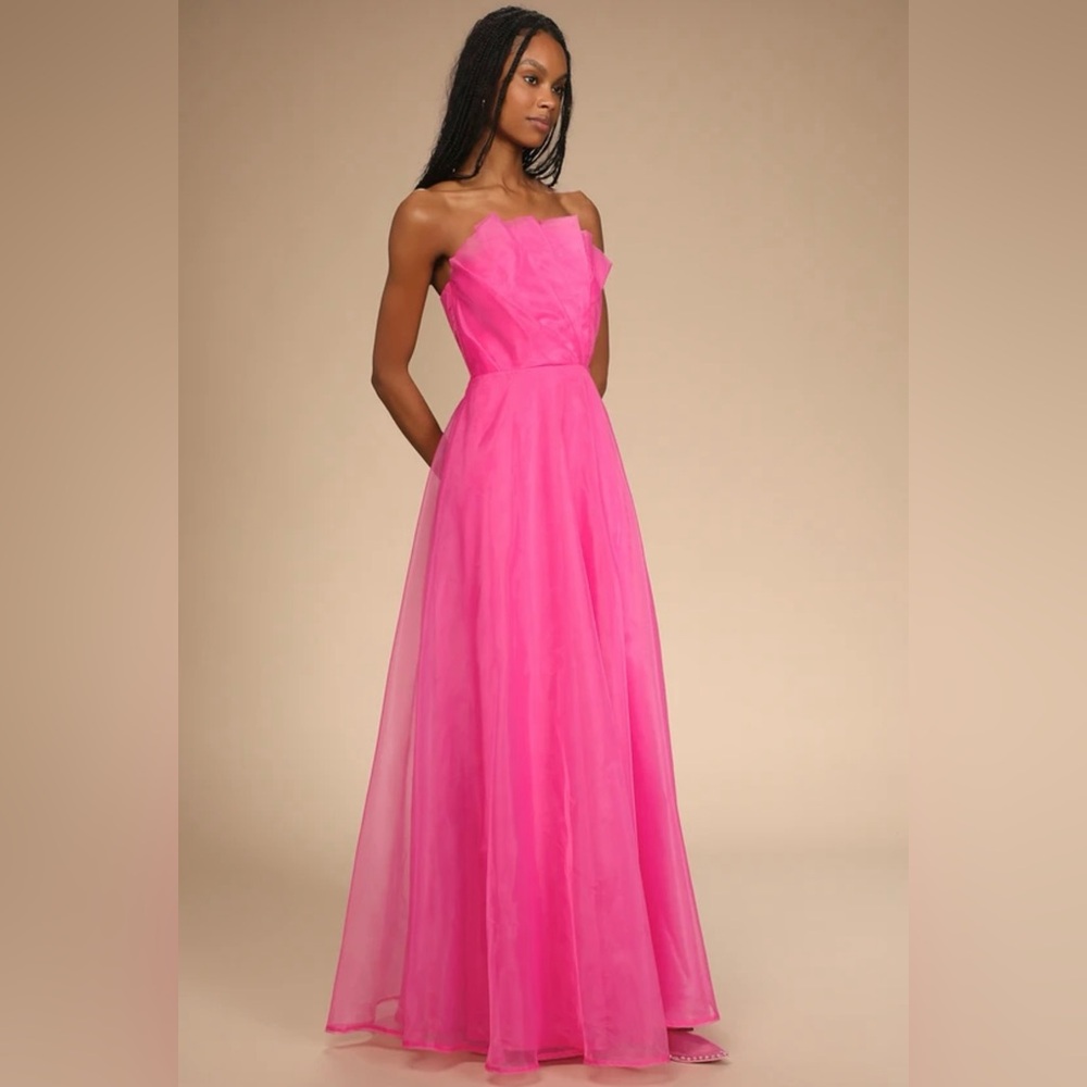 Lulus Serenity Hot Pink Strapless Organza Maxi Dress - Size M